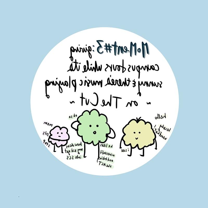 Moment number three: giving campus tours while it’s sunny and there’s music playing on the cut.  Around drawing of people-like blobs:   Blob #1 (the tour guide): Hello, lovely weather!   Blob #2: Ok so, how does my kid get into SCS? He likes minecraft and taking the ACT.    Blob #1: I see…  Blob #3: Mom please stop. 